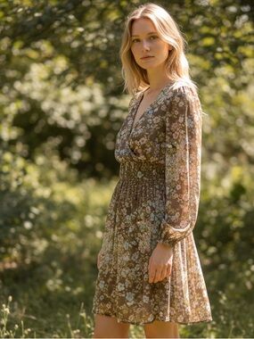 H & M Floral Surplice Floral Ruched High Waist Long Sleeve Lined Dress Size 10